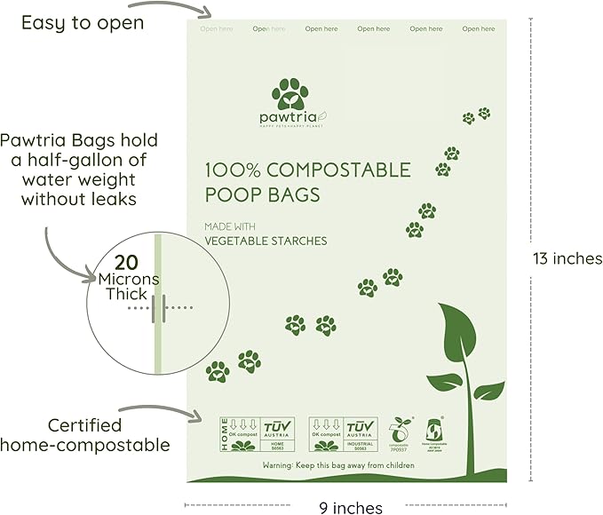 Pawtria Certified Home Compostable Dog Poop Bags (480), Poop Bags for Dogs, Cat Litter, Vegetable Starches, Dog Waste Bags, Leakproof, Easy to Open, Give Back