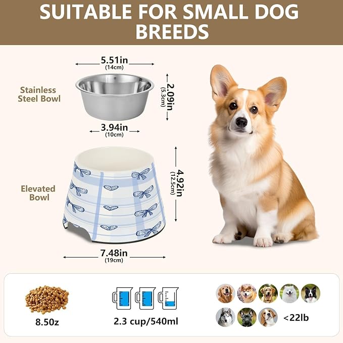 Blueangle Elevated Dog Bowls with Stainless Steel - Non-Slip 2.3 Cup High Capacity Pet Dish for Spinal Health & Cute Bows Design（416）