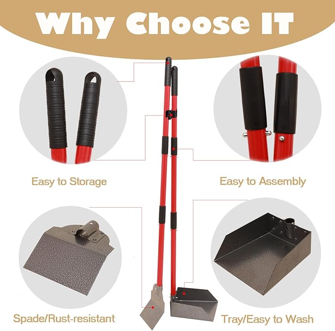 𝗫-𝗧𝗘𝗖𝗢𝗞𝗜𝗧 Pooper Scooper - 𝗗𝘂𝗿𝗮𝗯𝗹𝗲 & 𝗦𝘁𝘂𝗿𝗱𝘆 Spade&Tray Set with Long Handle,Great for Large Small and Multi Dogs,𝗡𝗼 𝗕𝗲𝗻𝗱 𝗗𝗼𝘄𝗻 Easy Cleanup,Use for Yard Grass Gravel Dirt