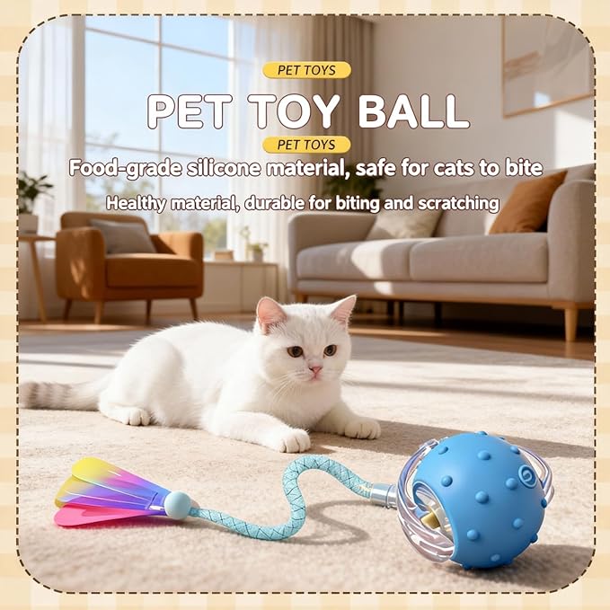 Automatic Chirping Cat Ball, 3 Interchangeable Tails for Indoor Cats, Gray | Self-moving interactive cat toy, entertains bored kittens, automatic self-play enrichment for indoor cats