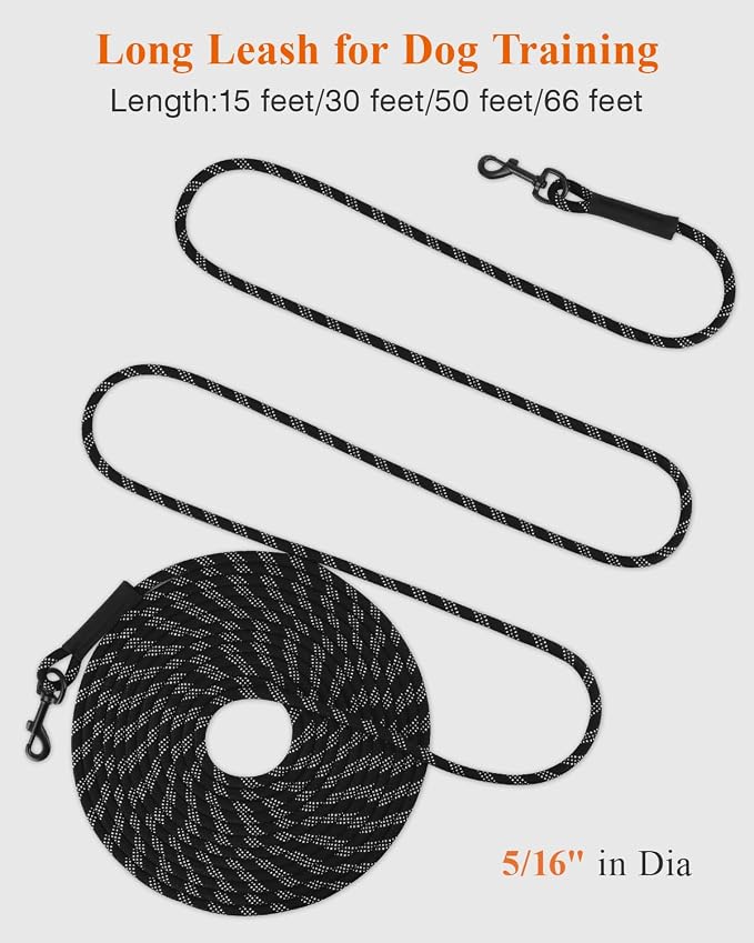 Taglory 30FT & 6FT Dog Leash Set, Reflective, Swivel Hooks, Nylon, Black, Small to Large Dogs