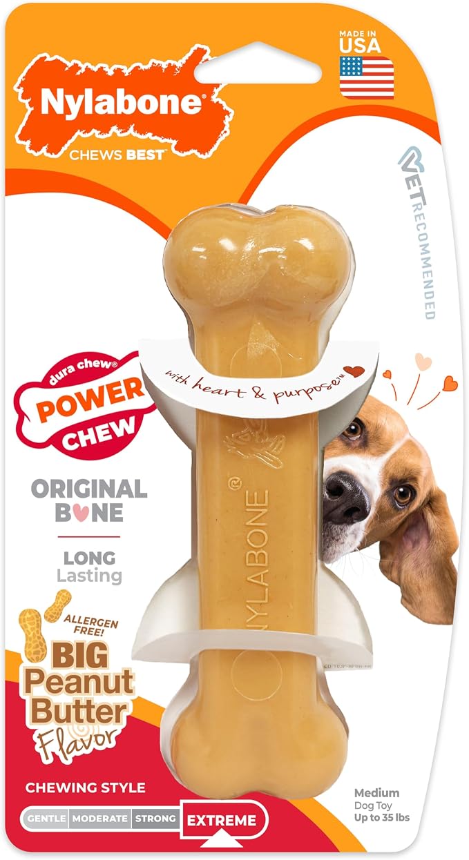 Nylabone Power Chew Classic Bone Chew Toy for Dogs, Durable Dog Toys for Aggressive Chewers, Peanut Butter Flavor, Medium/Wolf - Up to 35 lbs. (1 Count) | Durable chew toys, long lasting, flavor throughout, discourages destructive chewing, keeps dogs b...