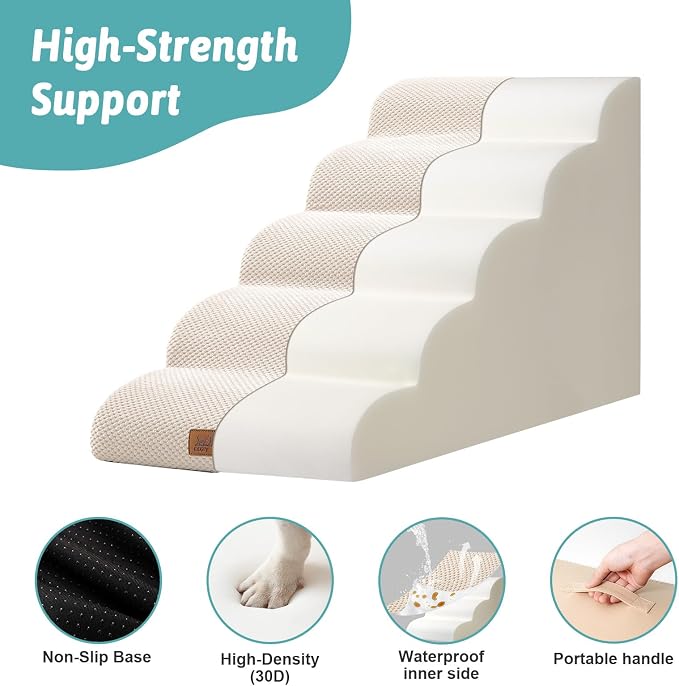 COZY KISS Wide Dog Stairs 19.7" Width, Pet Step for Small Medium/Large Dog, Puppy or Cat, Pet Ramp for High Bed or Car, High Density Foam Ladder, Stable, 5 Step, 19.7x33x22.4 in, Beige