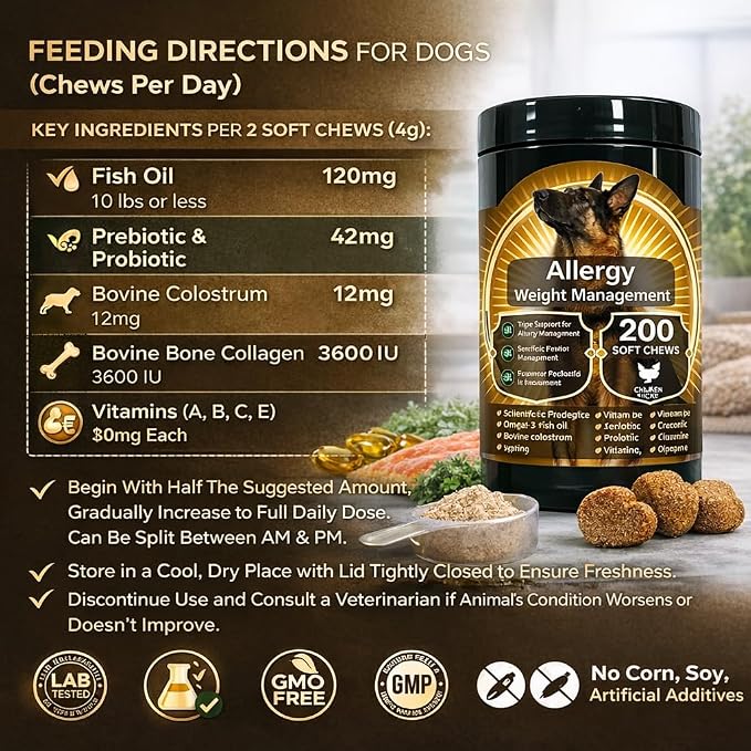 Dog Allergy Relief Chews,Supports Allergy,Weight,Immune & Metabolism (No Corn/Soy/GMO) 200CT,Chicken Flavor