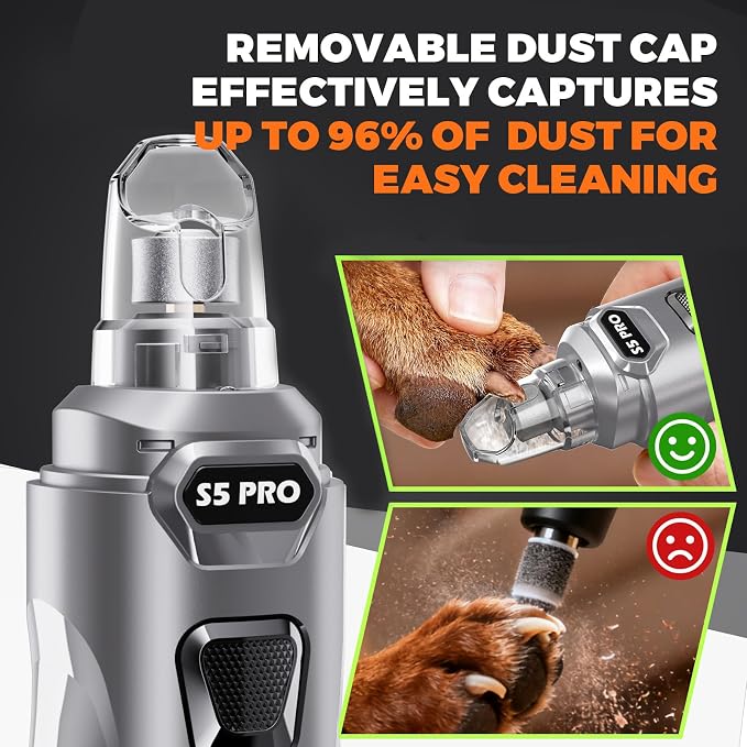 Whisper Quiet Dog Nail Grinder with 4 LED Lights, 3-Speed, Grey