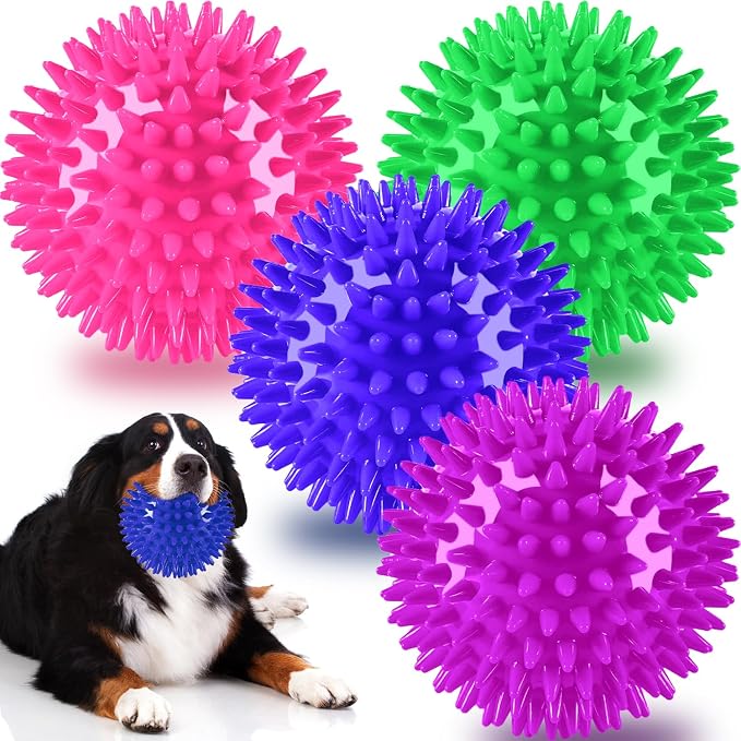 Pweituoet 4.5” Heavy Duty Squeaky Dog Balls for Medium Large Dogs, Dog Toys for Aggressive Chewers, Spike Ball Toys for Clean Teeth and Training(2 Pack) (4.5" 4apck)