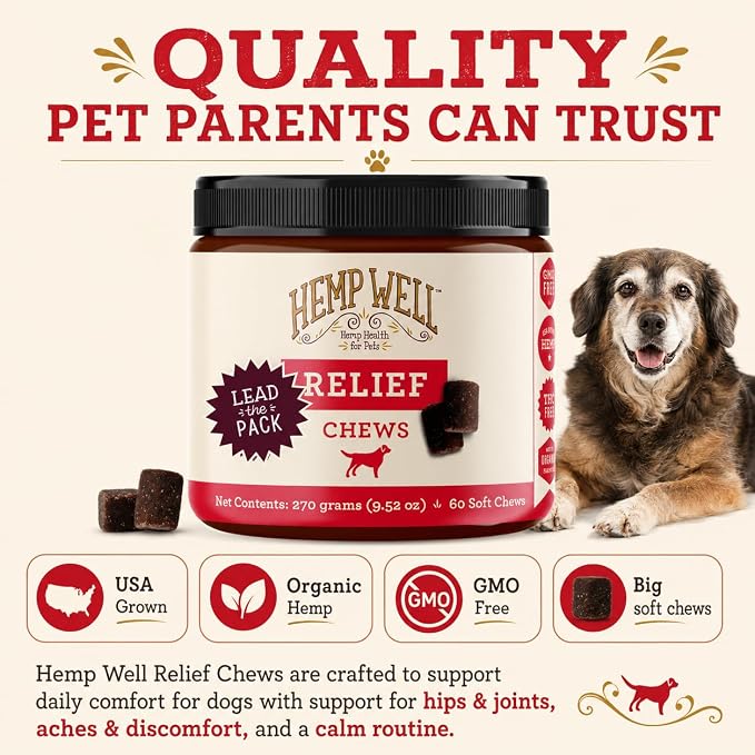 Hemp Well Relief Dog Soft Chews with Organic Hemp, Joint Support, 60-Count