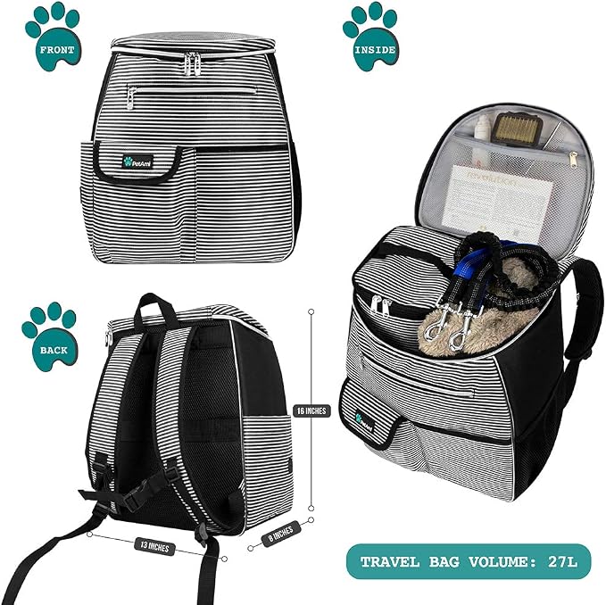 PetAmi Dog Travel Bag Backpack, Airline Approved Dog Bags for Traveling, Puppy Diaper Bag Supplies, Pet Camping Essentials Hiking Accessories Gift, Food Container, Collapsible Bowls, Stripe Black