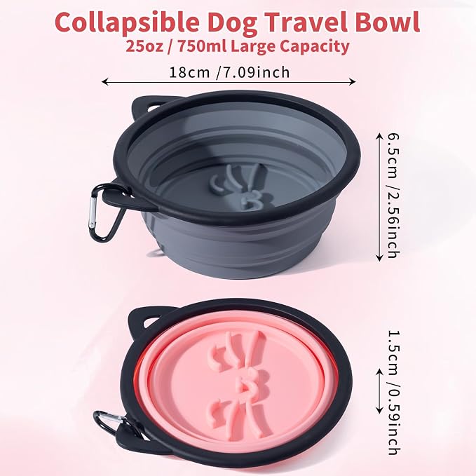 2-Pack Silicone Collapsible Dog Bowl, Ear Shape, 25oz, Pink and Grey