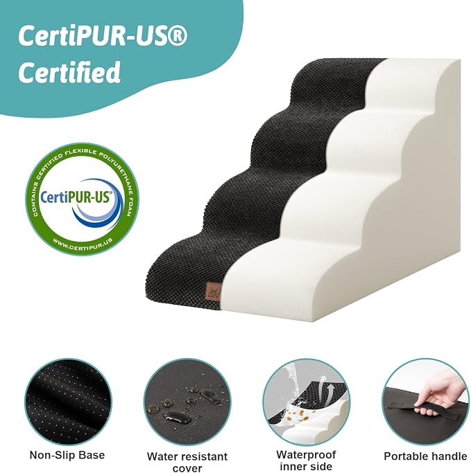 COZY KISS Dog Stairs for Small Dogs 19.7" H, Curved Dog Step for Puppy, Older or Cat, Medium Pet Ramp for Sofa, Couch or Bed, Ladder with High Density Foam, 4 Step, 15.7x28.3x19.7 inch, Black