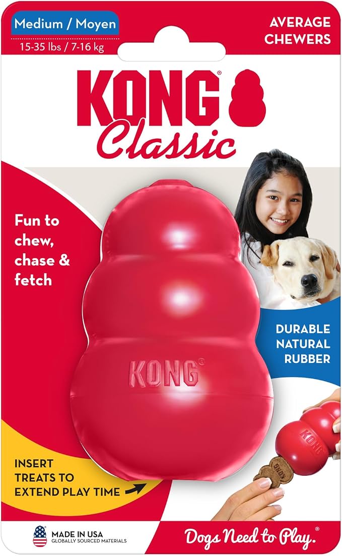 KONG Classic Toy and Easy Treat Peanut Butter Spray, 14 oz, Medium Dogs | Durable Stuffable Classic Toy Paired with No-Mess Peanut Butter Easy Treat for Hours of Fun & Enrichment