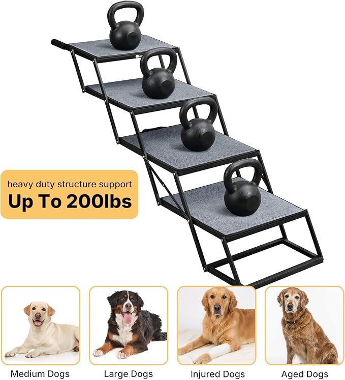 Veehoo Collapsible Dog Stairs for Large Dogs Extra Wide, 4 Steps Folding Dog Steps for Car Truck SUV 20" Wide, Heavy Duty Pet Loader Ramp Ladder Portable with Non Slip Surface, Support up to 200lbs