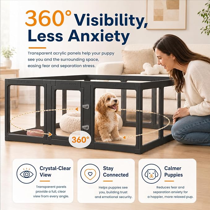 Acrylic Dog Playpen with Toilet, Clear Puppy Play Pen Indoor Puppy Play Pen Tool-Free Assembly Detachable Pet Fence Kennel for Small Dog, Cat, Rabbit (24 Inch, 12 Panels, Black)