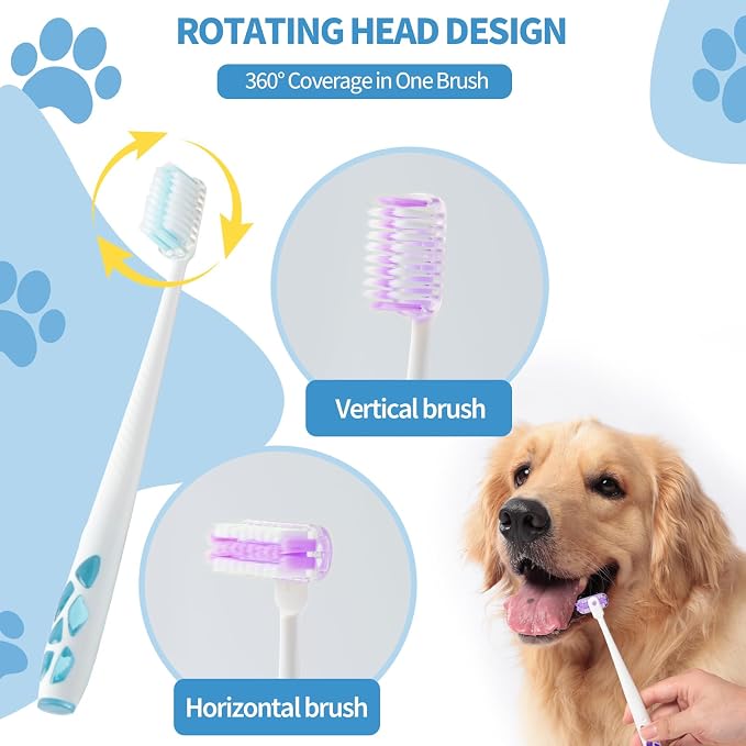 E.M&S.T by Emmeliestella Dog Toothbrush for Large Dogs, Pet Dental Care, Reduce Pets Teeth Plaque, Soft Bristles, 360 Rotating Brush Head, Removing Bad Breath Tartar, 3PCS (Green&Purple)