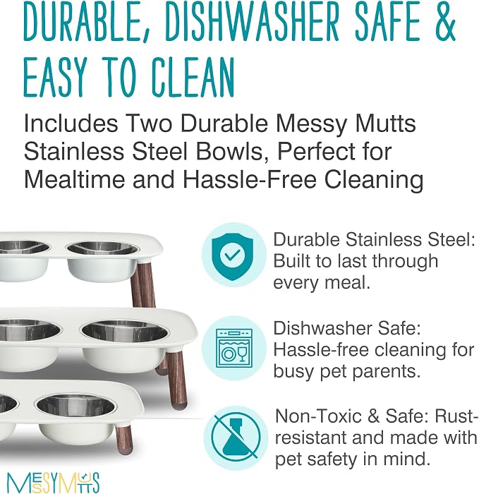 Messy Mutts Elevated Double Dog Feeder, Adjustable Height, Faux Wood | Adjustable-Height Elevated Double Dog Feeder With Two 5 Cup Stainless Bowls, Legs Set To 3, 5, Or 10 Inches