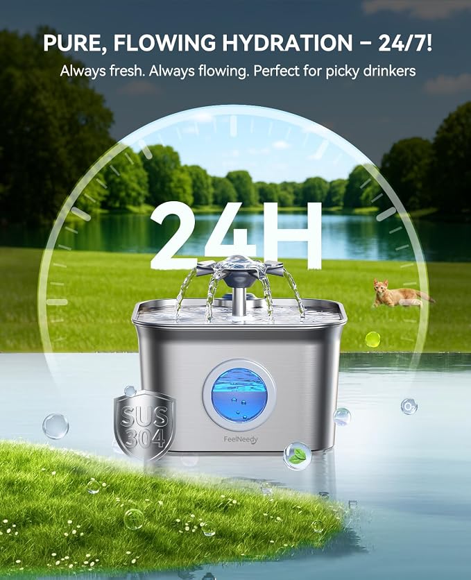 Stainless Steel Cat Water Fountain, 2.8L with 20dB Ultra-Quiet Pump- Ideal for Timid Pets, LED Water Level Window, Dishwasher Safe, 24/7 Circulation- Includes 6 Replacement Filters