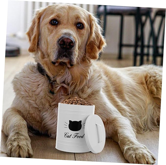Airtight Dog Food Container Iron Metal Canister for Pet Treats Sealed Cat Food Bucket, Iron, White