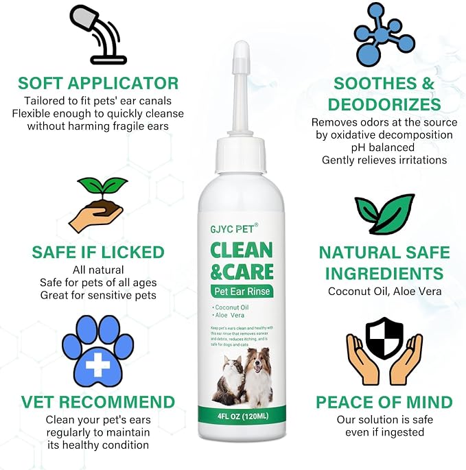 Ear Cleaner for Dogs and Cats with Flexible Long Tube, 4 oz
