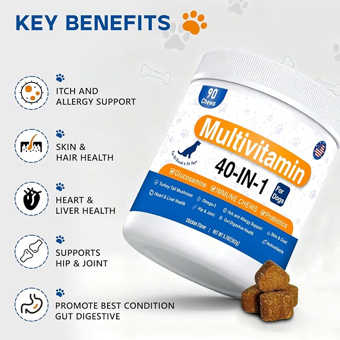 Dog Multivitamin Chewable, 40-in-1 Dog Vitamins Supplements with Mushroom, Glucosamine, Digestive Enzymes for Liver, Brain, Joint Gut & Eyes,Multivitamin for Dogs All Breeds & Ages