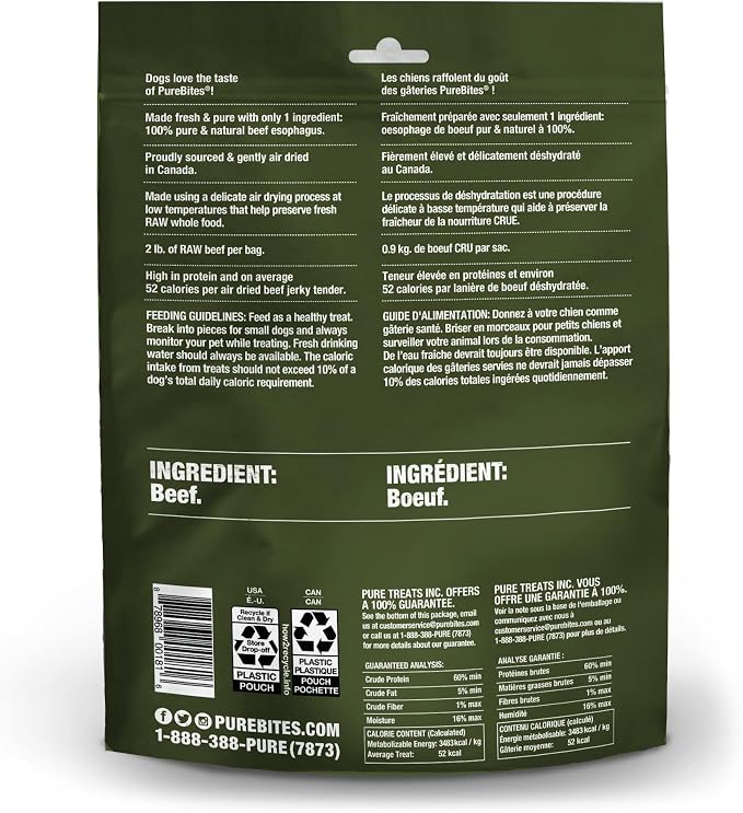 PureBites Beef Single Ingredient Air Dried Jerky Dog Treats, 7.5 oz | 100% Beef, Air-Dried, Made in Canada, High-Value Training Reward, 52 Calories/Tender, No Glycerin or Fillers