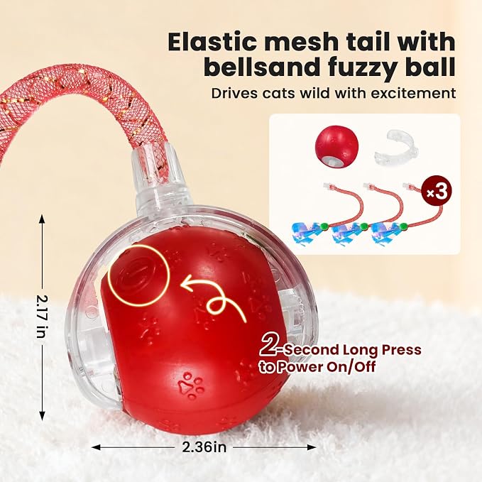Rocfish Durable Interactive Cat Toys for Indoor Cats (red, 03) | Smart Automatic Cat Chase Ball Toy, Upgraded Speedy Tail Kitten Toy for Bored Indoor Adult Pets