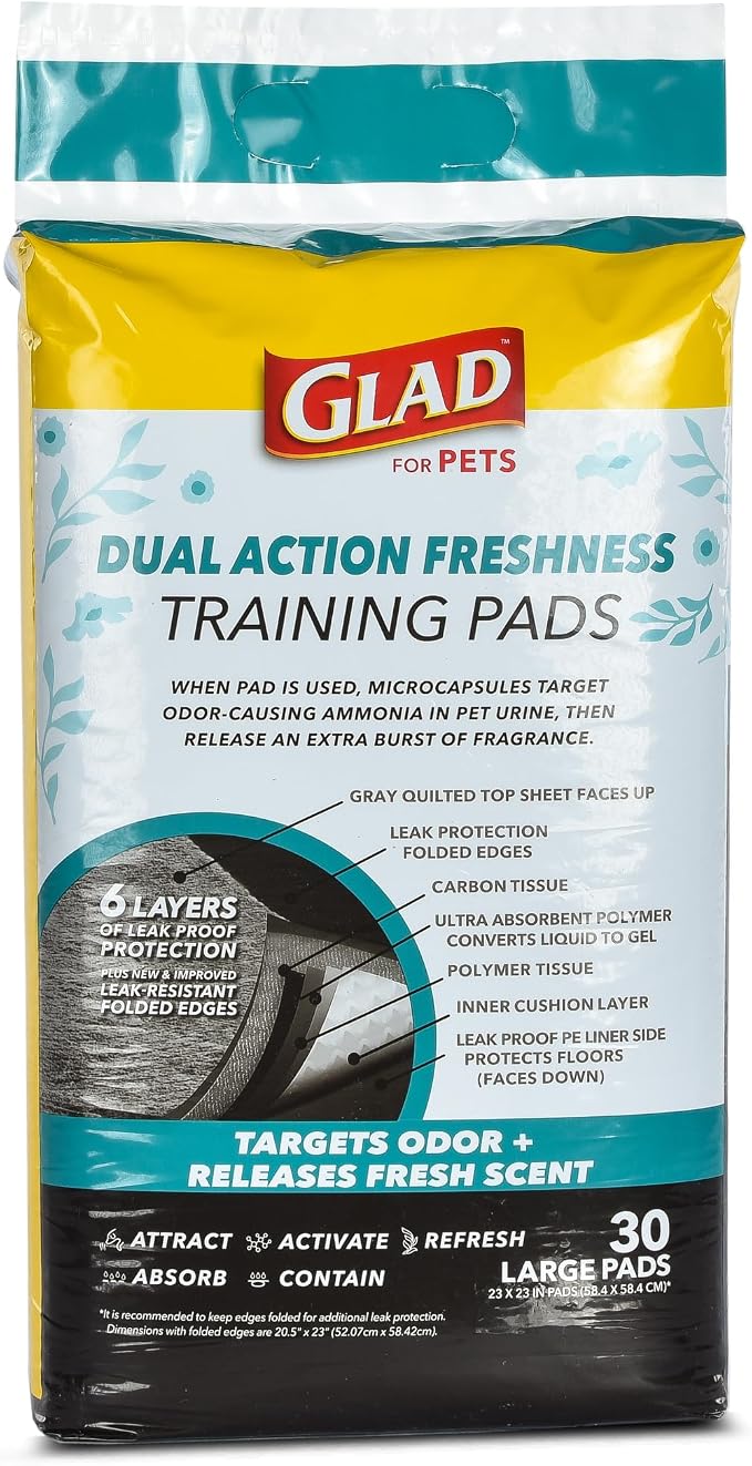 Glad for Pets Dual Action Freshness Activated Carbon Puppy Pads, Fragrance Release, Scented Odor Control, 6-Layer Leak-Proof, Pheromone Attractant, 23 x 23 Inch, 30 Count