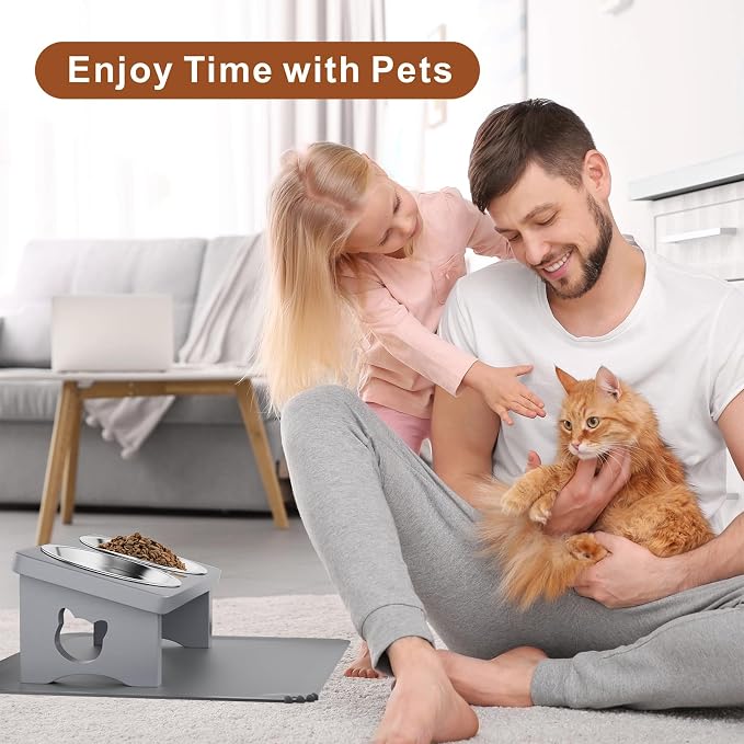 Elevated Cat Bowls, 15° Tilted Raised Cat Food Bowl with Solid Wood Stand & Stainless Steel Dishes, Cat Feeding Station with Silicone Mat, Helps Reduce Vomiting for Cats & Small Dogs(Slate Grey)