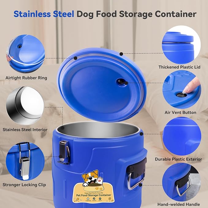 Newget 20lb Airtight Stainless Steel Dog Food Storage Container with Scoop, 20lb, Stainless Steel, Blue