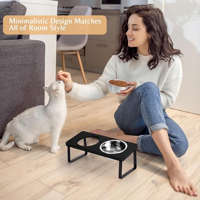 Elevated Cat Bowls for Food and Water - Loplurea 15° Tilted Raised Stainless Steel Cat Food Bowl with Black Bamboo Stand and Anti Vomit Feeding Station for Indoor Kittens and Pet