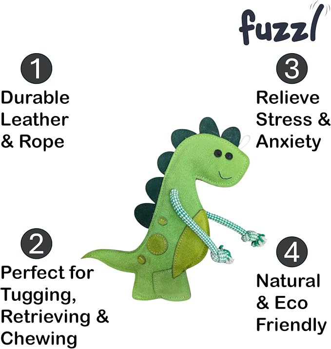 Fuzzl Eco Leather Digby Dino Toy Natural and Tough Dinosaur Dog Toys - Long Lasting Chew Toys for Aggressive Chewers Strong Dog Toy for Dogs and Puppy