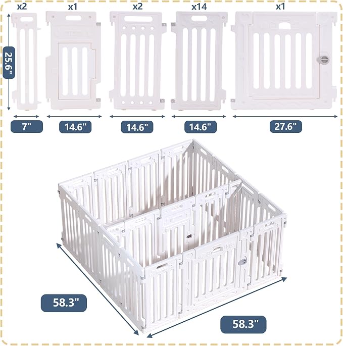 2 Room Dog Playpen with Door,DIY Shape Combination Puppy Pen,16-Panel+2 Link Piece+Large Door+Small Door,25.5" H Dog Fence,Non-Slip&Secure Pet Gate,Easy to Assemble (Two Rooms)