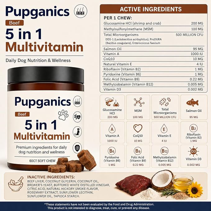 Pupganics Multivitamin Daily Soft Chews for Dogs, Itch Relief Chews, Beef | Twelve active ingredients with Salmon oil, Probiotics, Glucosamine & Essential Vitamins for everyday dog wellness.60 Count