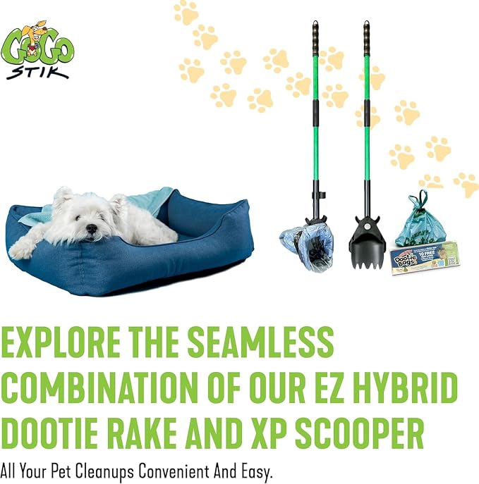XP Pooper Scooper & Rake Set - Quick, Clean, & Convenient. 37" No Bend. 10 Free Heavy Dootie Poop Bags for Dogs. Strong & Lightweight for All Dog Poop Cleanup & Waste Removal