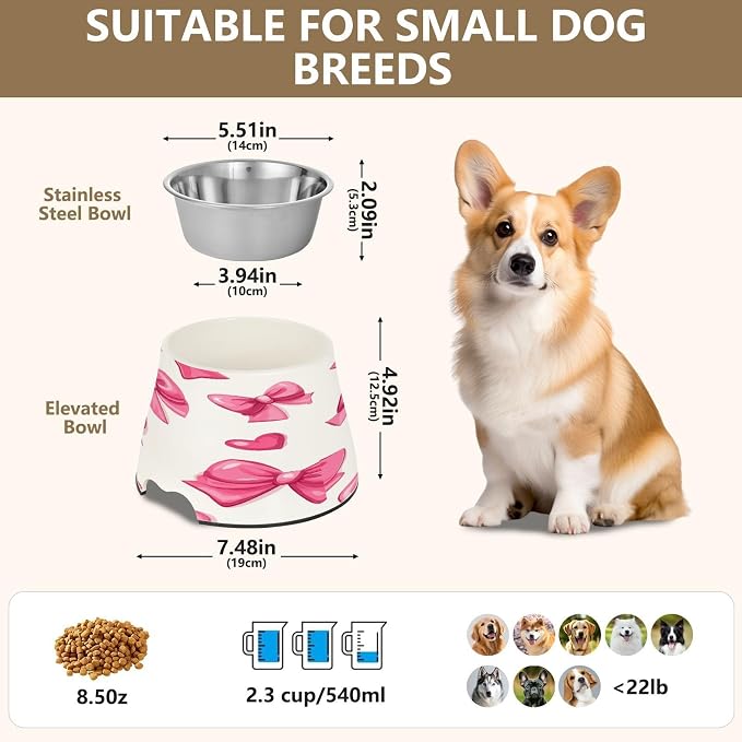 YETTASBIN Bow Pink Elevated Dog Bowls, Prevention of Vertebrae Disease Raised Dog & Cat Bowl Stand with Removable Stainless Steel Bowls, Non-Slip Spill-Proof Pet Food & Water Bowl Dish