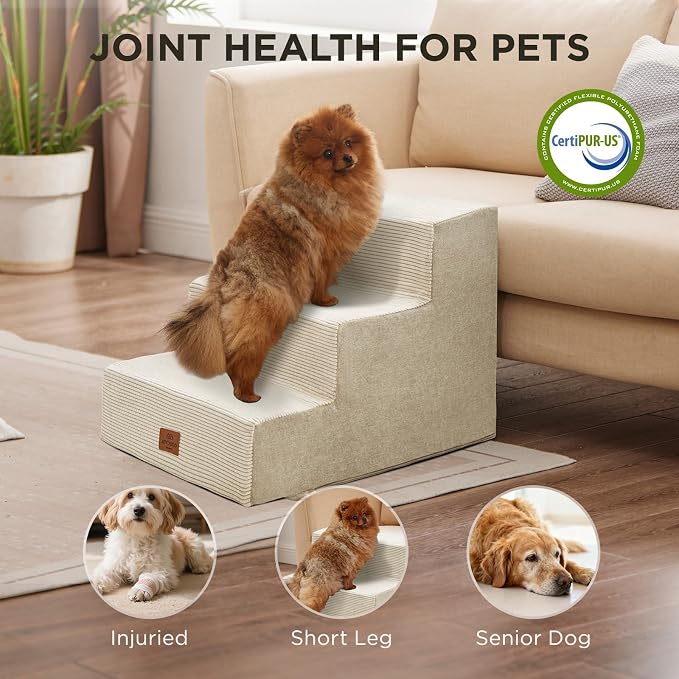 Joydeco Dog Stairs for Bed 15" H, 3-Step Pet Steps for Small Dogs and Cats, Dog Steps for High Bed, Non-Slip Balanced Ramp Indoor Pet Stairs, Beige