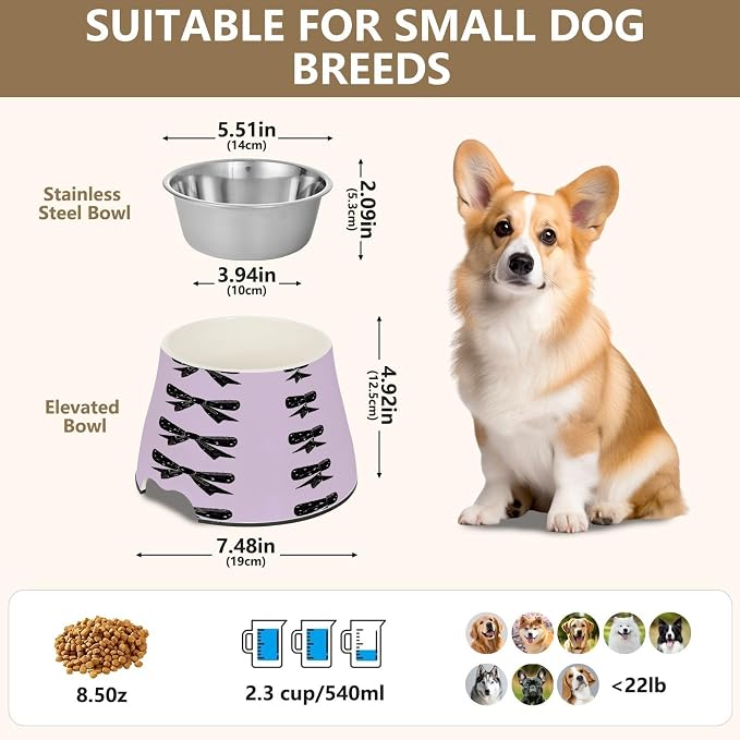 Blueangle Elevated Dog Bowls with Stainless Steel - Non-Slip 2.3 Cup High Capacity Pet Dish for Spinal Health & Black Bows Design（283）