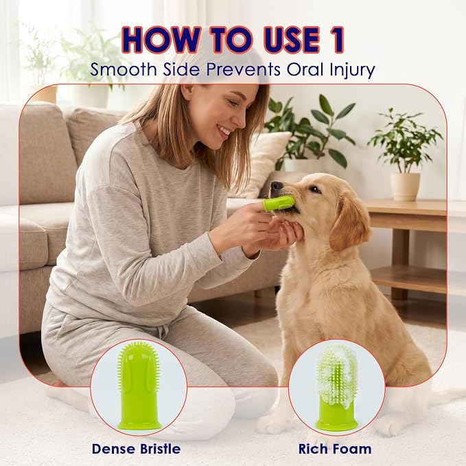 Dog Finger Toothbrush 2 Pack, Small & Large Sizes for Better Finger Fit, Soft Food Grade Silicone Dog & Cat Toothbrush, 180° Bristles for Plaque & Tartar Removal, Pet Teeth Cleaning & Bad Breath Care