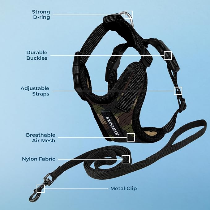 Voyager Escape-Proof Step-in Lock Cat Harness & 5ft Neoprene-Handle Leash Set All-Weather Mesh with Reflective Stitching for Small to Large Cats by Best Pet Supplies, Army/Black Trim, XS