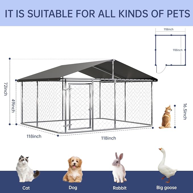 Petony 120"x 120" Outdoor Dog Enclosure Heavy Duty Dog Kennel House Mesh Dog Big Cage Pet Kennel Steel Fence with Secure Lock