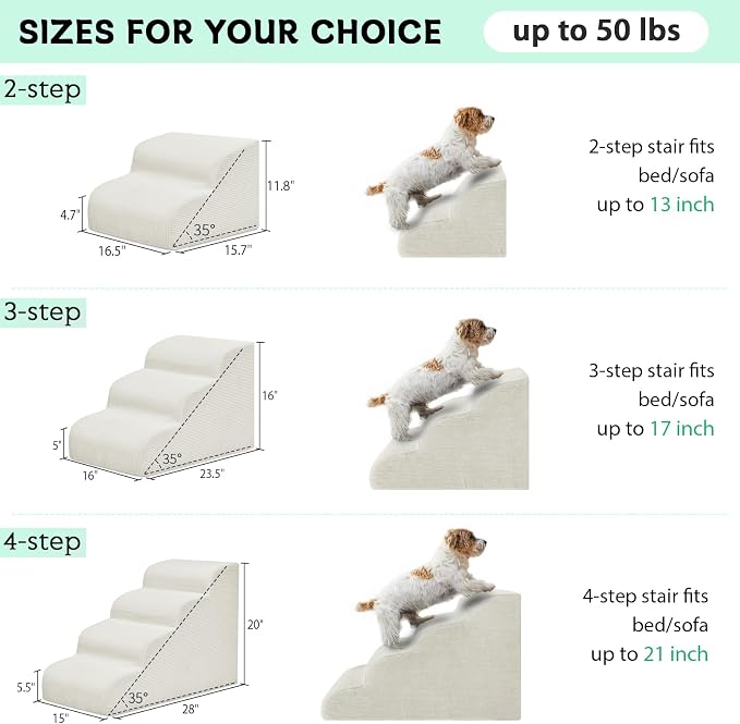 Mesa Lemon Dog Stairs & Steps for High Beds, 2 Steps High Density Foam Waterproof Dog Ramp for Small Dogs and Cats, Pet Stairs with Washable Cover for Bed, Couch, Sofa and Car, Beige (H: 11.8")