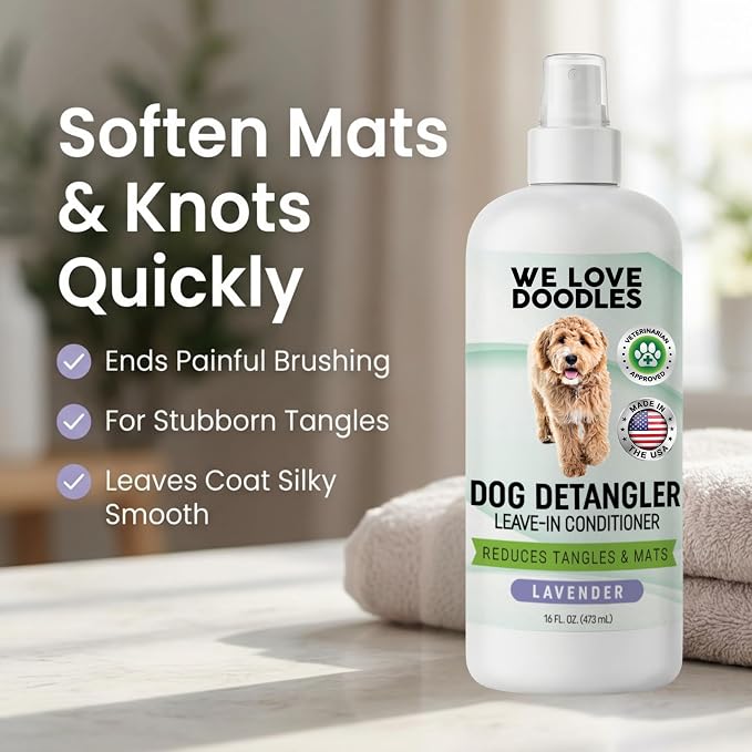 Dog Detangler Spray, Leave-in Conditioner Spray for Dogs, Lavender, 16 OZ | Best Detangling & Dematting Spray for Dogs, Tangled & Matted Hair Remover for Goldendoodles, Doodles & Poodles, Made in USA