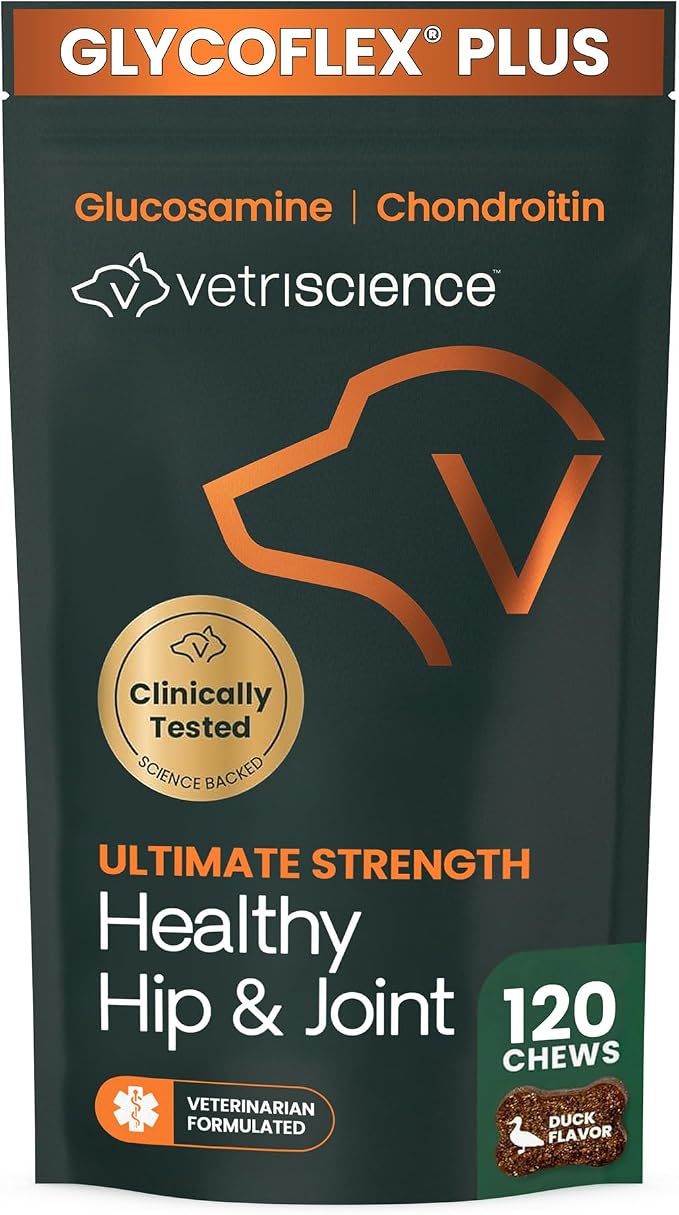 VetriScience Ultimate Strength Healthy Hip & Joint Chews, GlycoFlex Glucosamine, Chondroitin and Green-Lipped Mussel Joint Support Supplement for Dogs, Soothe Joint Discomfort, Duck, 120 Count