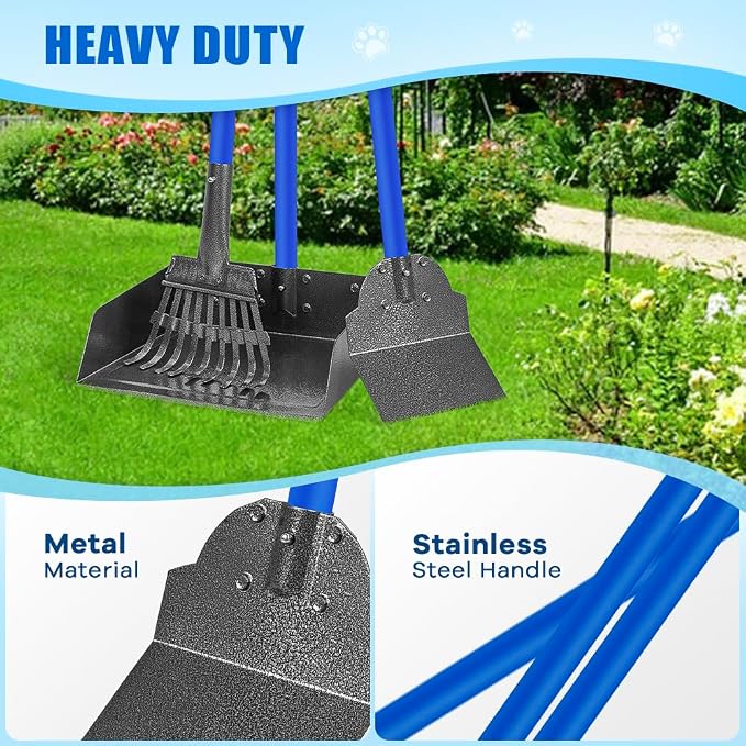 Larger Pooper Scooper Dog Pooper Scooper for Large Medium Small Dogs Heavy Duty Stainless Steel No Bending with Rake & Shovel & Extra Large Tray for Yard