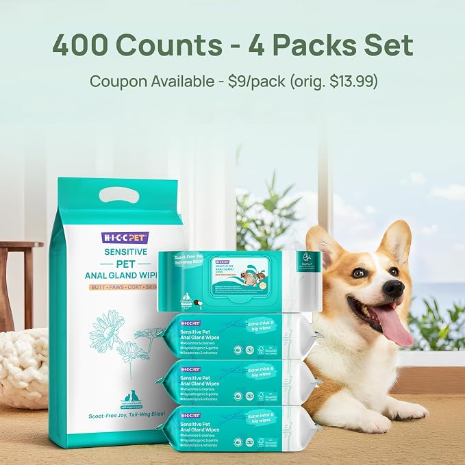 HICC PET Grooming Wipes for Dogs & Cats, Anal Gland & Allergy Care