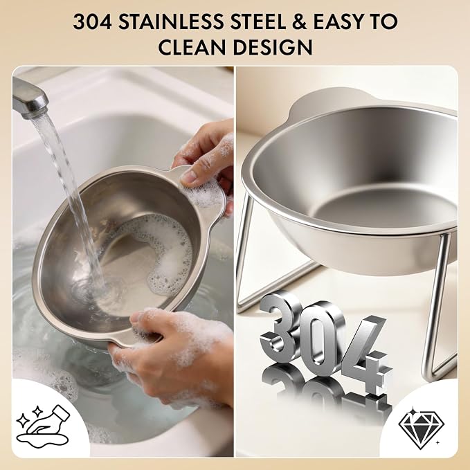 15° Tilted Elevated Cat Bowl - Silent Stainless Steel Raised Cat Dish with 1M DIY Noise-Canceling Strip - Anti-Vomiting & Neck Protection - 304 Food Grade Metal Cat Bowl, Dishwasher Safe