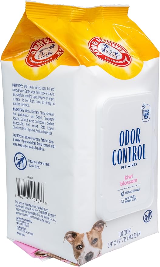 Arm & Hammer Odor Control Grooming Wipes with Baking Soda, Kiwi Blossom, 100 Count