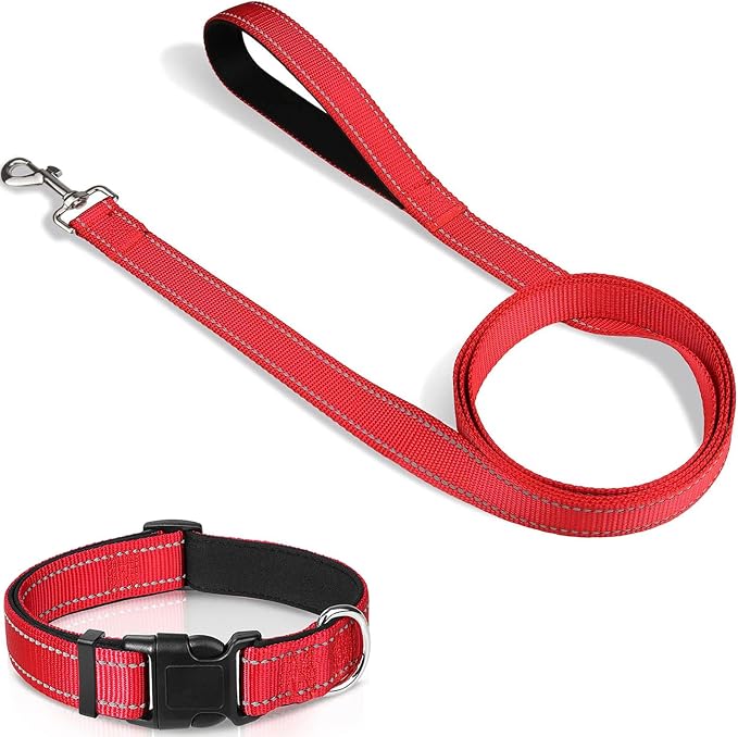 Joytale 6FT×1'' Dog Leash and Dog Collar (16-24"), Reflective Soft Neoprene Padded Pet Collars and Leashes for Large Dog, Red