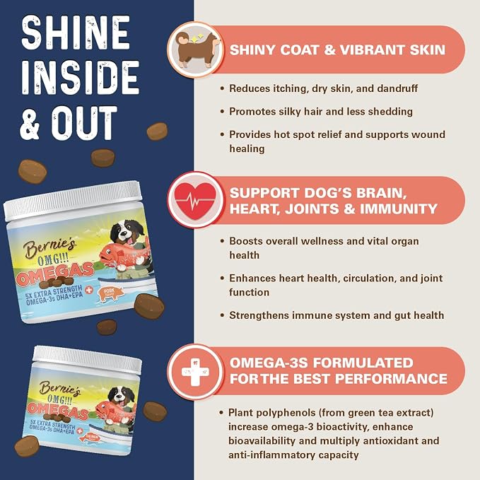 Bernie's OMG Omegas 5X Extra Strength Dog Omega-3 Soft Chews, Pork, 90 Ct
