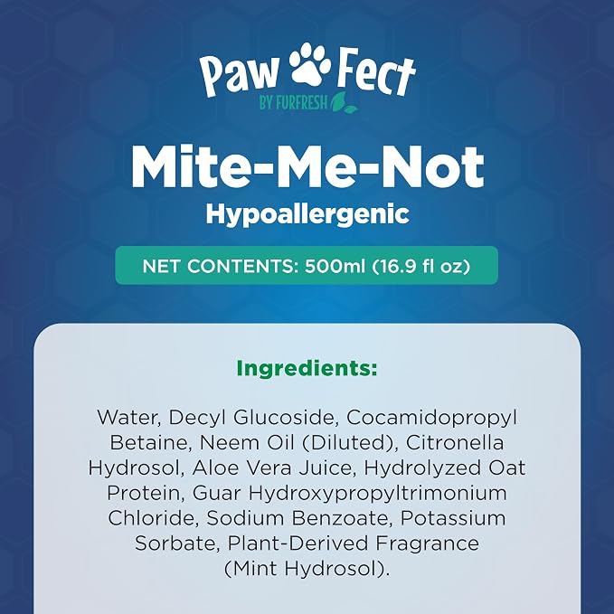 Hypoallergenic Flea and Tick Relief 16.9oz Dog Shampoo for Sensitive Skin Mite Me Not Formula for Itchy and Dry Coats Deep Cleansing and Moisturizing Pet Wash for Dogs and Puppies 500ml