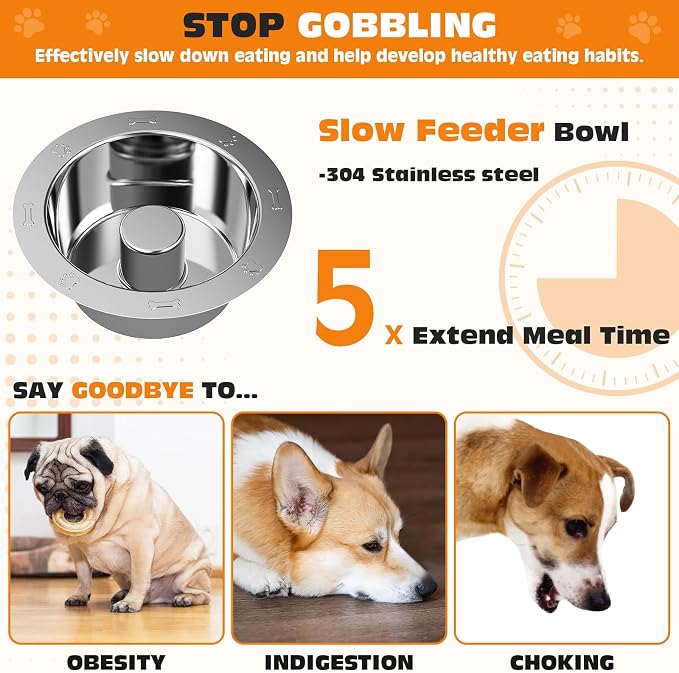 Elevated Dog Bowls for Dogs, 6 Heights Adjustable Raised Dog Bowl with Slow Feeder - 3 Stainless Steel Bowl, Tiltable Non-Slip Feeding Bowls with Metal Stand